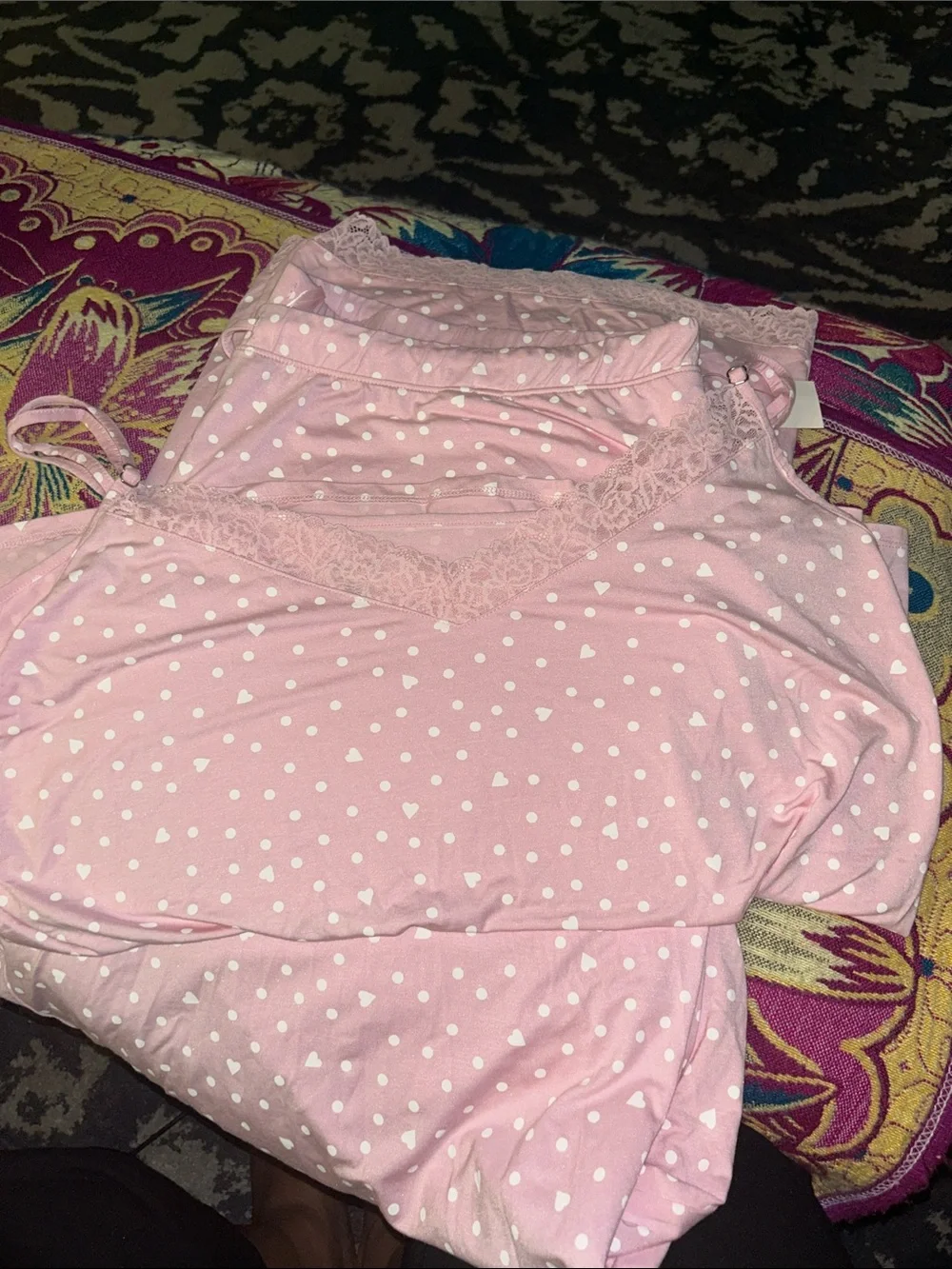NWT Plus Size Heart & polka dot pink sleep set with lace decor
